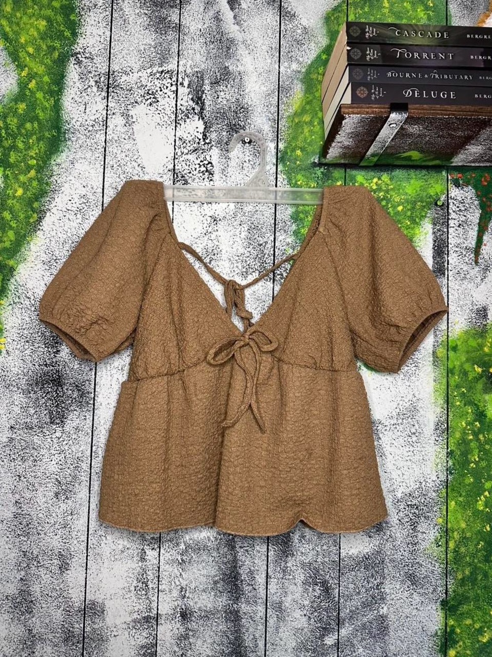 Brown Textured Tie-Front Babydoll Top Medium